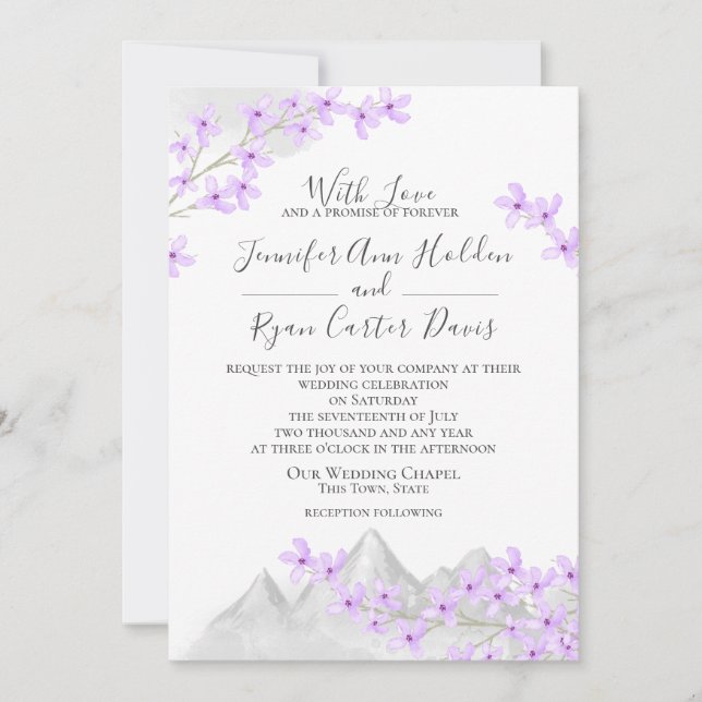Purple Lilac Mountain Wedding Invitation (Front)