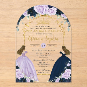 Purple Lilac Navy Blue Floral Twins Quinceañera XV Acrylic Invitations