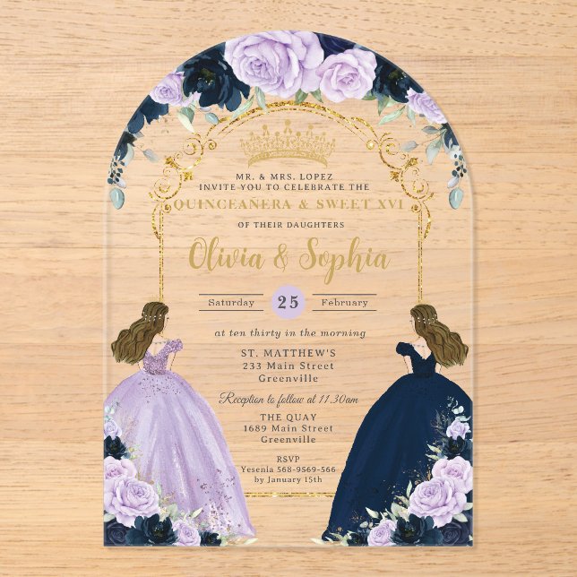 Purple Lilac Navy Blue Floral Twins Quinceañera XV Acrylic Invitations (Front)