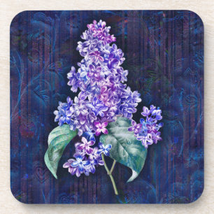 Purple Lilac on Navy Decorative Background Coaster