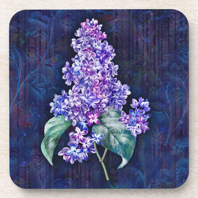 Purple Lilac on Navy  Decorative Background Coaster (Front)