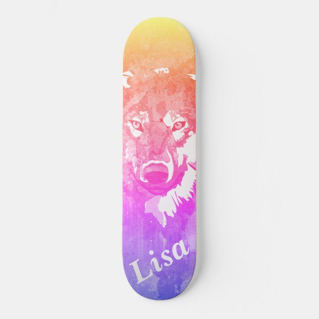 Purple lilac orange abstract watercolor wolf skateboard (Front)