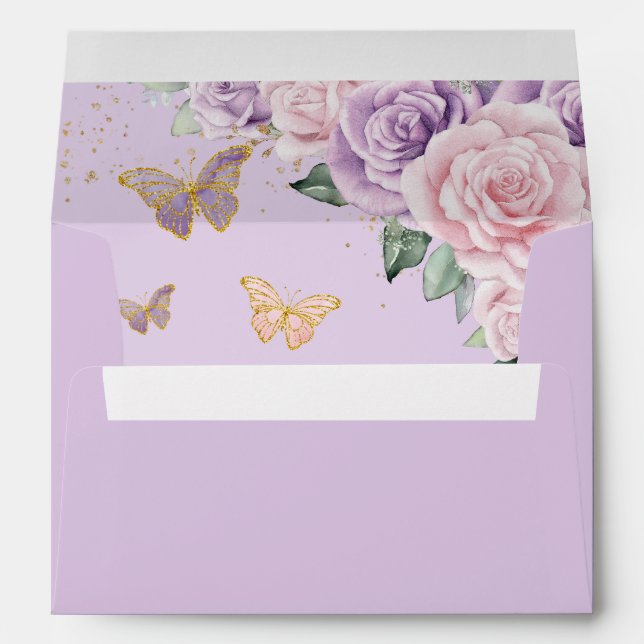 Purple Lilac Pale Pink Floral Quinceañera Sweet 16 Envelope (Back (Bottom))