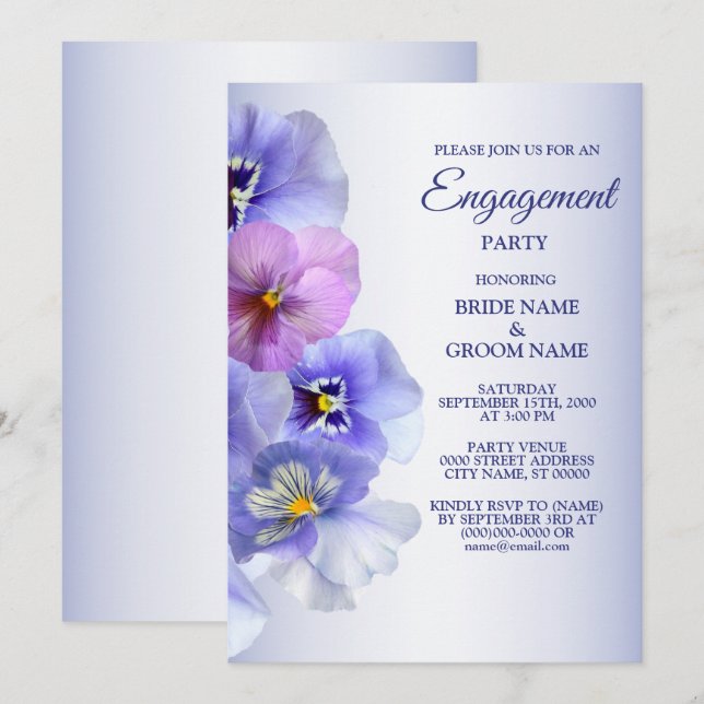 Purple Lilac Pansy Floral Rustic Engagement Party Invitation (Front/Back)