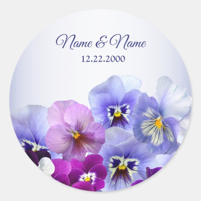 Purple Lilac Pansy Floral Rustic Wedding Party Classic Round Sticker (Front)