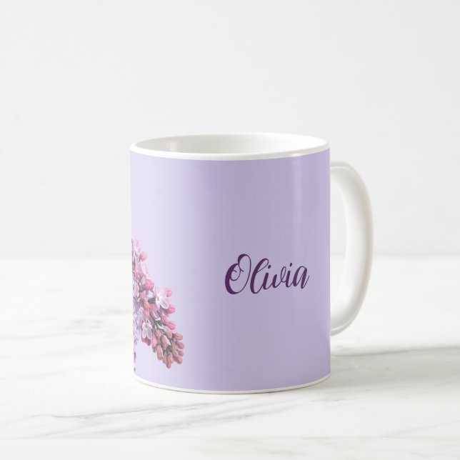 Purple lilac personalised name Olivia Coffee Mug (Front Right)