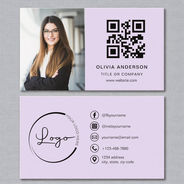 Purple Lilac Photo White QR Code Social Media Business Card (Creator Uploaded)