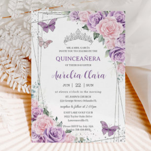Purple Lilac Pink Floral Butterflies Quinceañera Invitation