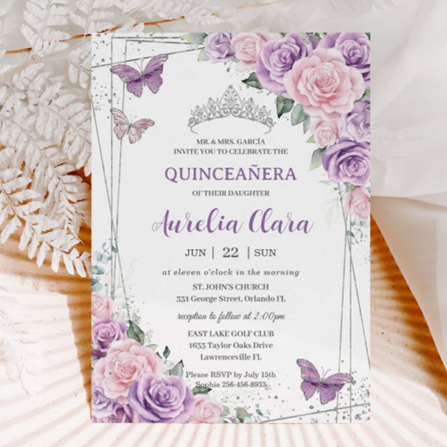 Purple Lilac Pink Floral Butterflies Quinceañera Invitation (lavender-purple-lilac-pale-pink-flowers-floral-roses-silver-geometric-quinceanera-sweet-16-invites)