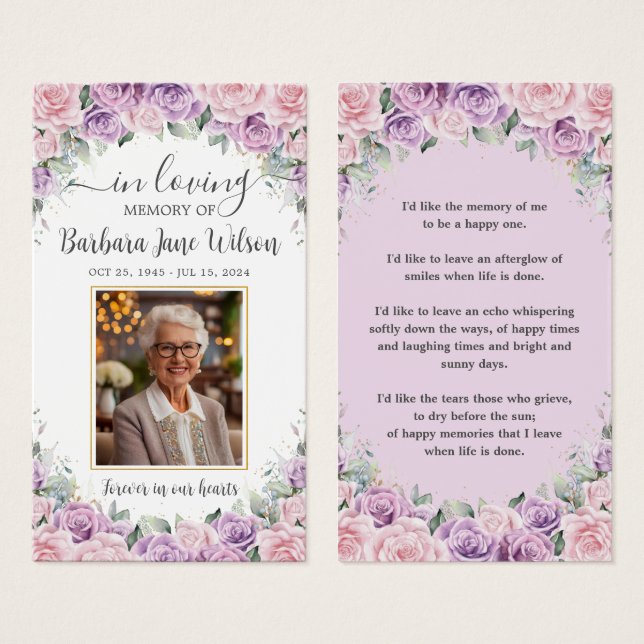 Purple Lilac Pink Floral Funeral Memorial Bookmark (Front & Back)