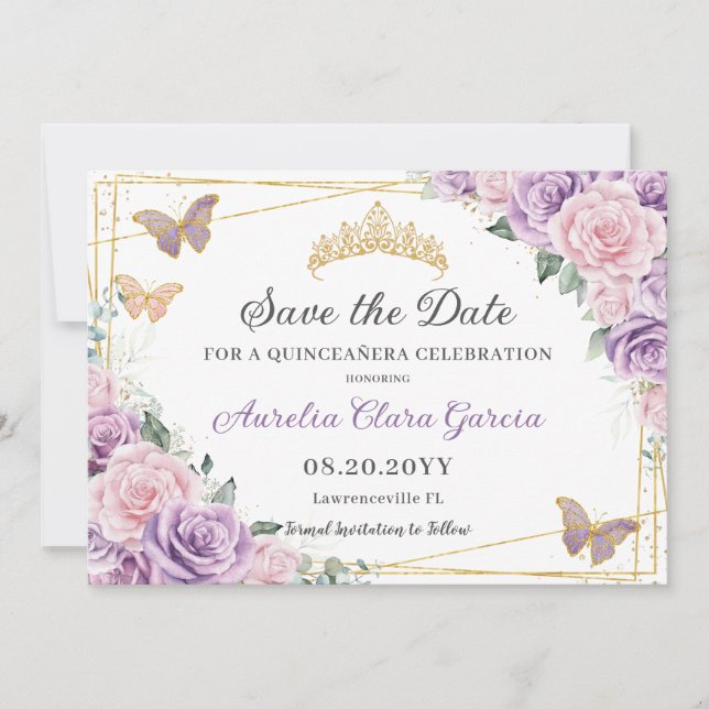 Purple Lilac Pink Floral Quinceañera Sweet Sixteen Save The Date (Front)