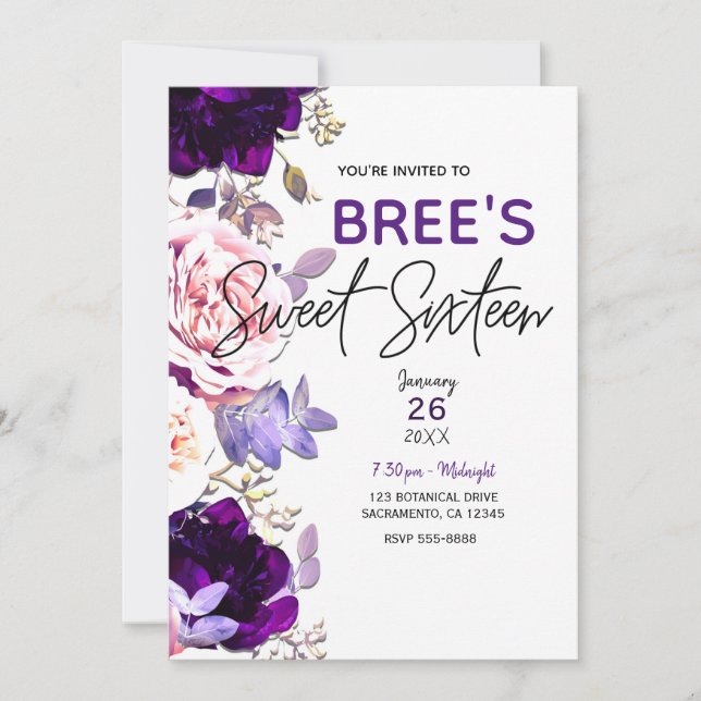 Purple Lilac Pink Rose Floral White Sweet 16 Party Invitation (Front)