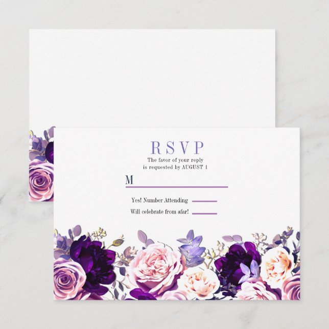 Purple Lilac & Pink Rose Floral White Wedding RSVP Invitation (Front/Back)