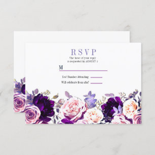 Purple Lilac & Pink Rose Floral White Wedding RSVP Invitation