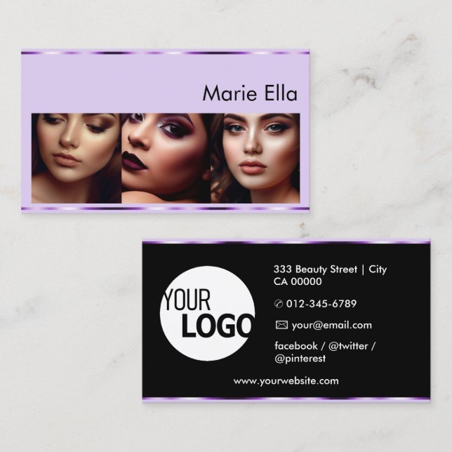 Purple Lilac Product Labels with Logo Photos Glam Business Card (Front/Back)