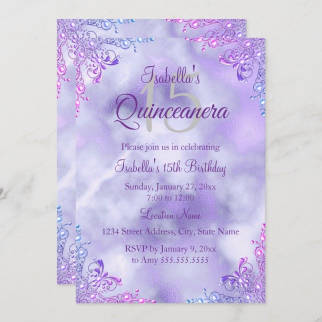 Purple Lilac Quinceanera 15th Silver Pearl Damask Invitation (Front/Back)