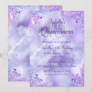 Purple Lilac Quinceanera 15th Silver Pearl Damask Invitation