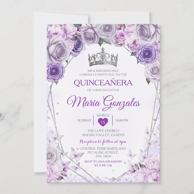 Purple Lilac Quinceañera Crown Mexican Butterfly Invitation (Front)
