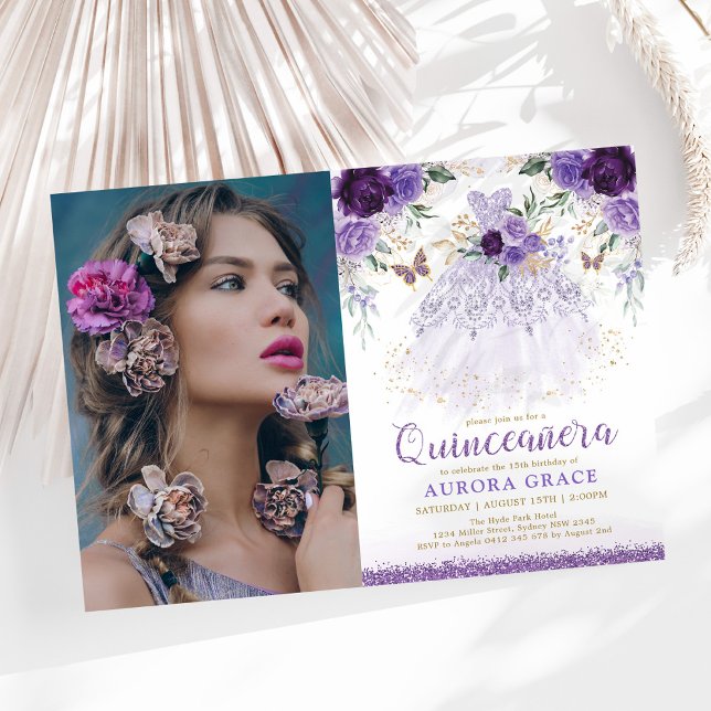 Purple Lilac Quinceañera Princess Dress Butterfly  Invitation (Creator Uploaded)