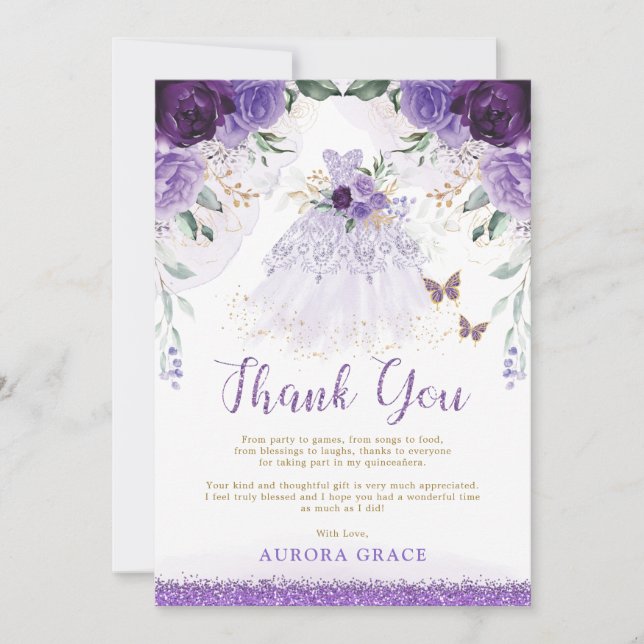 Purple Lilac Quinceañera Princess Dress Thank You Invitation (Front)