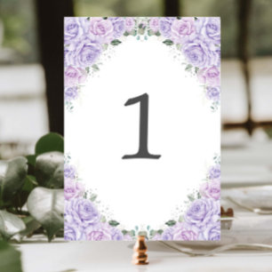 Purple Lilac Rose Floral Birthday Sweet 16 Wedding Table Number