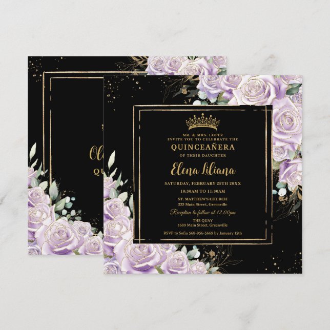 Purple Lilac Rose Floral Gold Quinceanera Sweet 16 Invitation (Front/Back)
