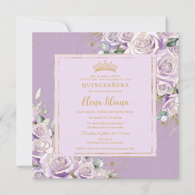 Purple Lilac Rose Floral Quinceanera Sweet 16 Gold Invitation (Front)