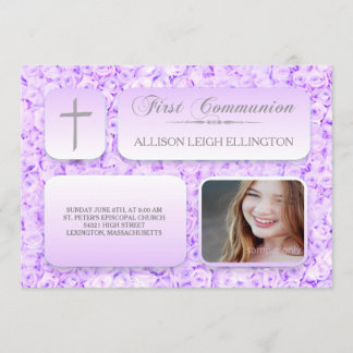 Purple Lilac Roses FIrst Communion Custom Photo Invitation