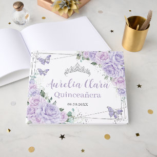 Purple Lilac Roses Floral Butterflies Quinceanera  Guest Book