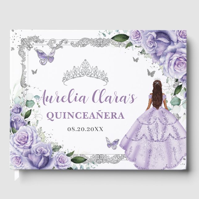 Purple Lilac Roses Floral Butterflies Quinceañera  Guest Book (Front)