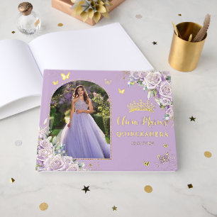 Purple Lilac Roses Floral Gold Quinceañera Photo  Guest Book