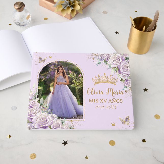 Purple Lilac Roses Floral Gold Quinceañera Photo  Guest Book (Front Open)