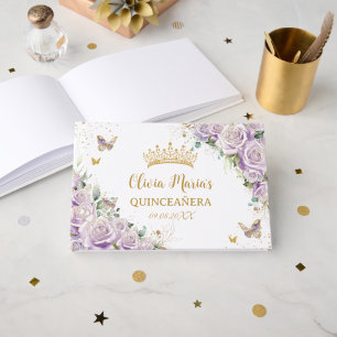 Purple Lilac Roses Floral Gold Quinceanera Quince Guest Book