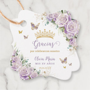 Purple Lilac Roses Floral Quinceanera 15 Bilingual Favour Tags