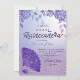 Purple Lilac roses romantic hand fan Quinceañera Invitation