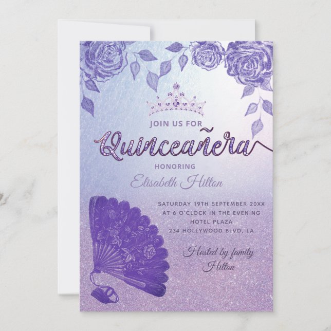 Purple Lilac roses romantic hand fan Quinceañera Invitation (Front)