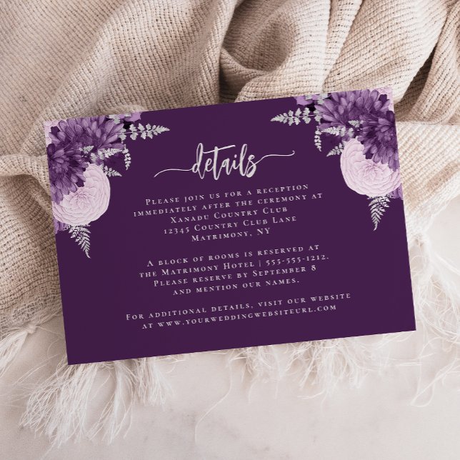 Purple Lilac Silver Floral Wedding Details Enclosure Card (Creator Uploaded)
