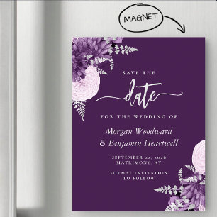 Purple Lilac Silver Floral Wedding Save the Date Magnetic Invitation