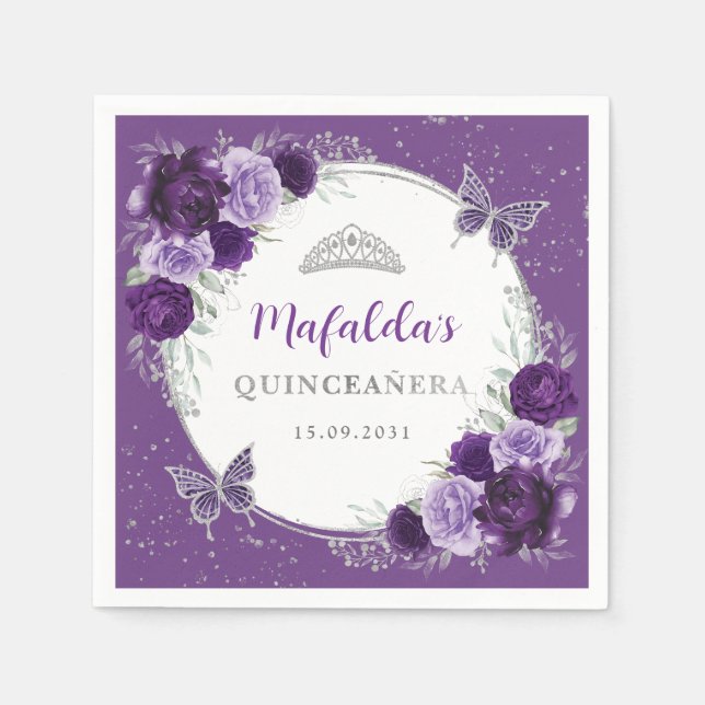 Purple Lilac Silver Flowers Quinceanera Birthday Napkin (Front)