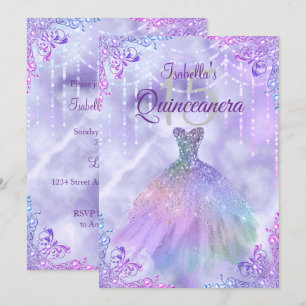 Purple Lilac Silver Pearl Gown Quinceanera Party Invitation