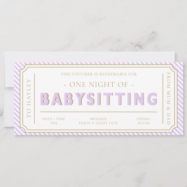 Purple Lilac Stripe Babysitting Gift Voucher Card (Front)