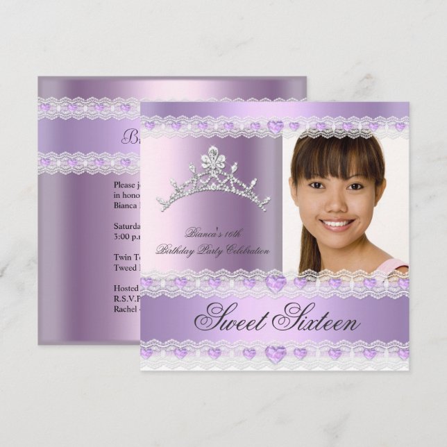 Purple Lilac Tiara Sweet Sixteen 16 Birthday Party Invitation (Front/Back)