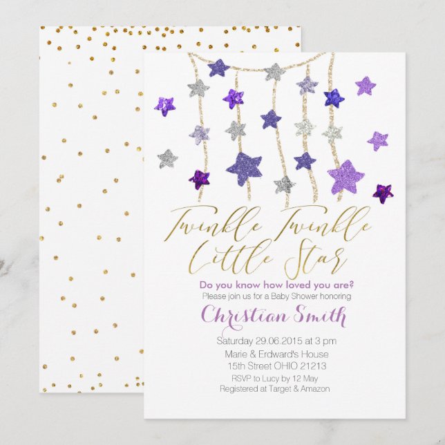 PURPLE LILAC Twinkle Stars Baby Shower Invitation (Front/Back)
