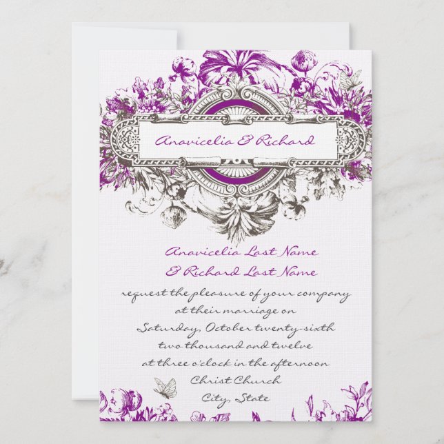 Purple Lilac Vintage Floral Wedding Invitation (Front)