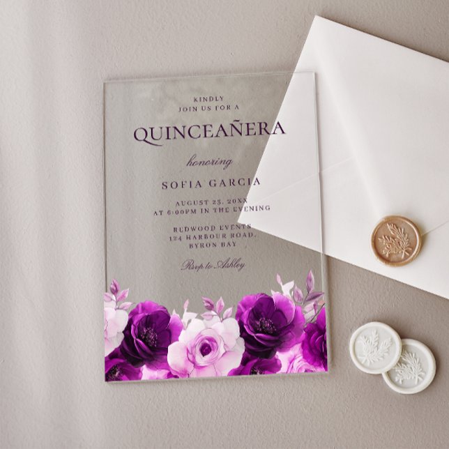 Purple Lilac Violet Roses Floral Quinceanera Acrylic Invitations (Creator Uploaded)