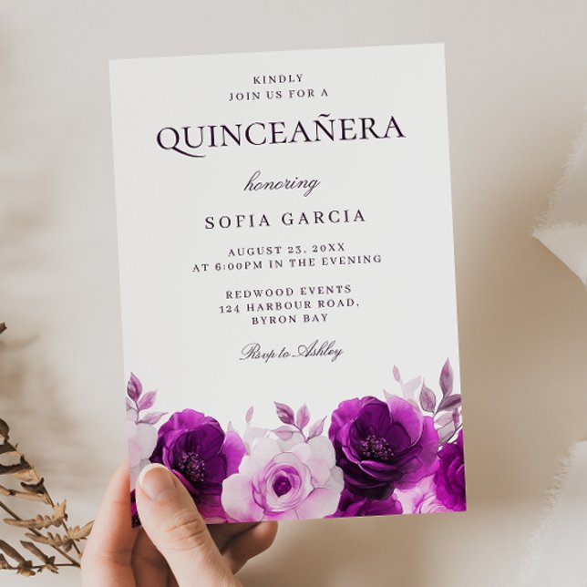 Purple Lilac Violet Roses Floral Quinceanera Invitation (Creator Uploaded)
