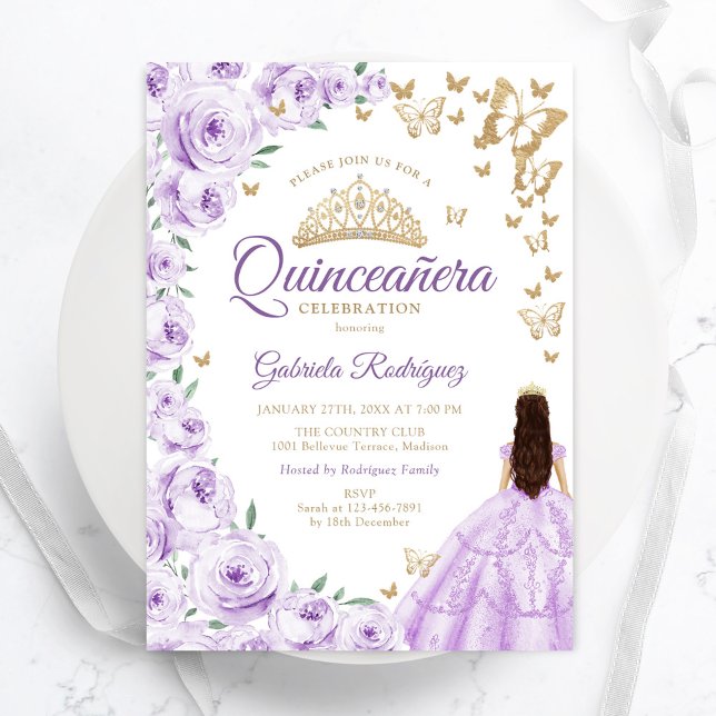 Purple Lilac Watercolor Floral Gold Quinceanera Invitation (Creator Uploaded)