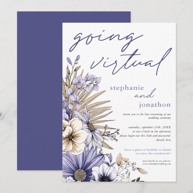 Purple Lilac Watercolor Florals Virtual Wedding Invitation (Front/Back)