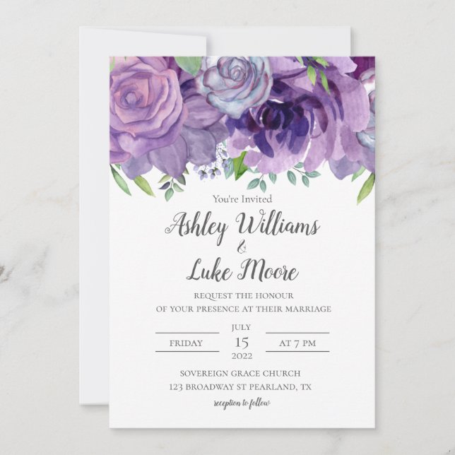 Purple Lilac Watercolor Flower Wedding Invitation (Front)