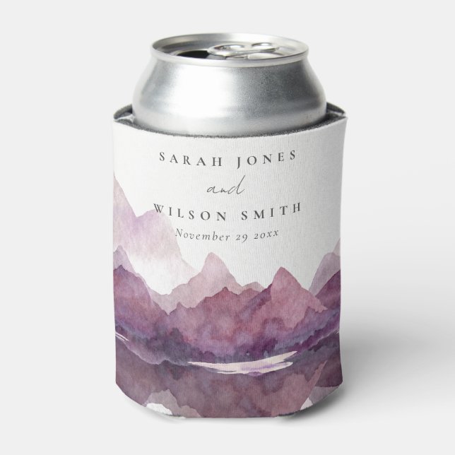 Purple Lilac Watercolor Mountain Lake Wedding Can Cooler (Can Front)